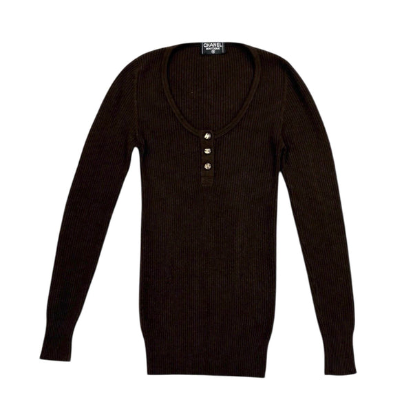 Chanel Brown Ribbed Logo Button Sweater