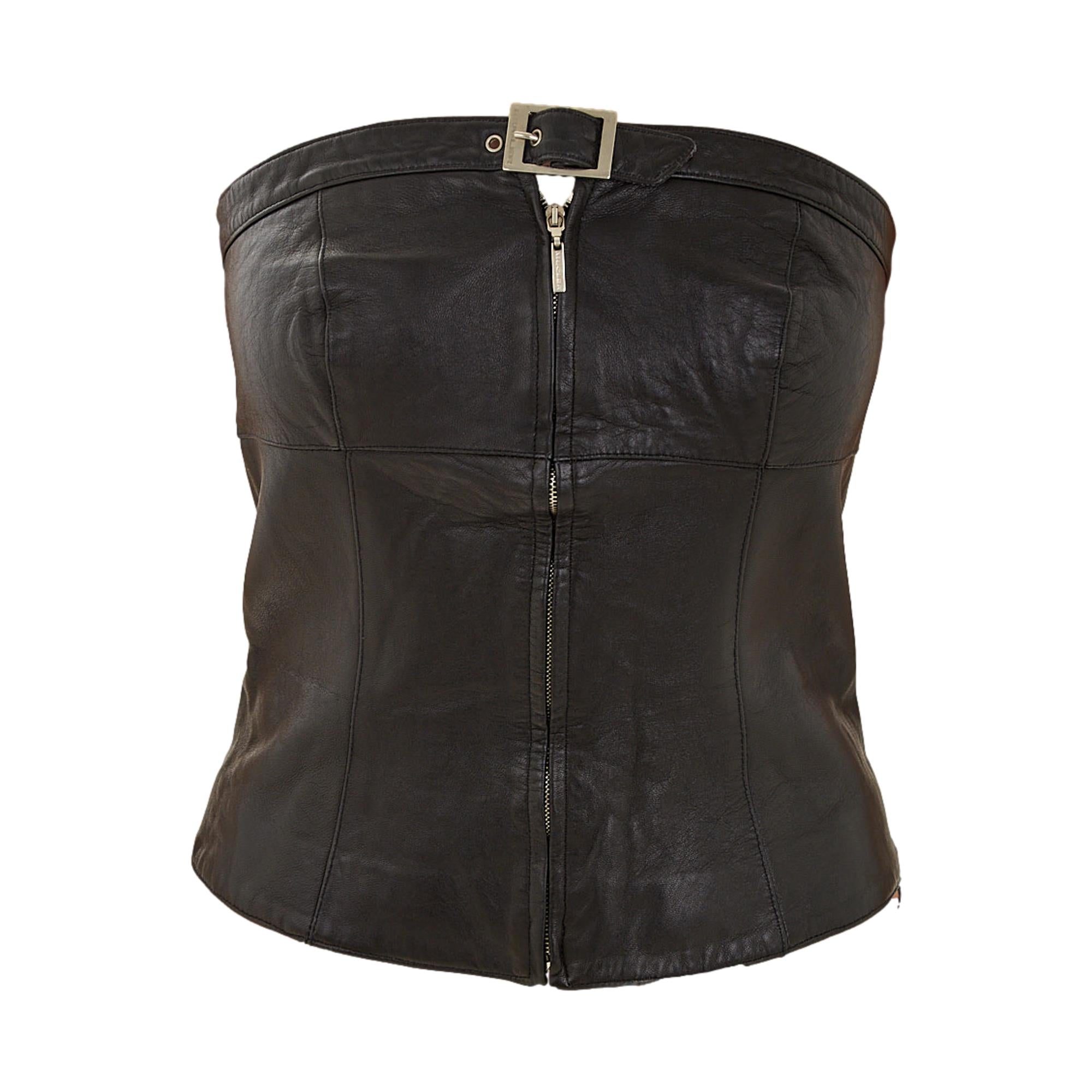 Mugler Black Leather Buckle Top