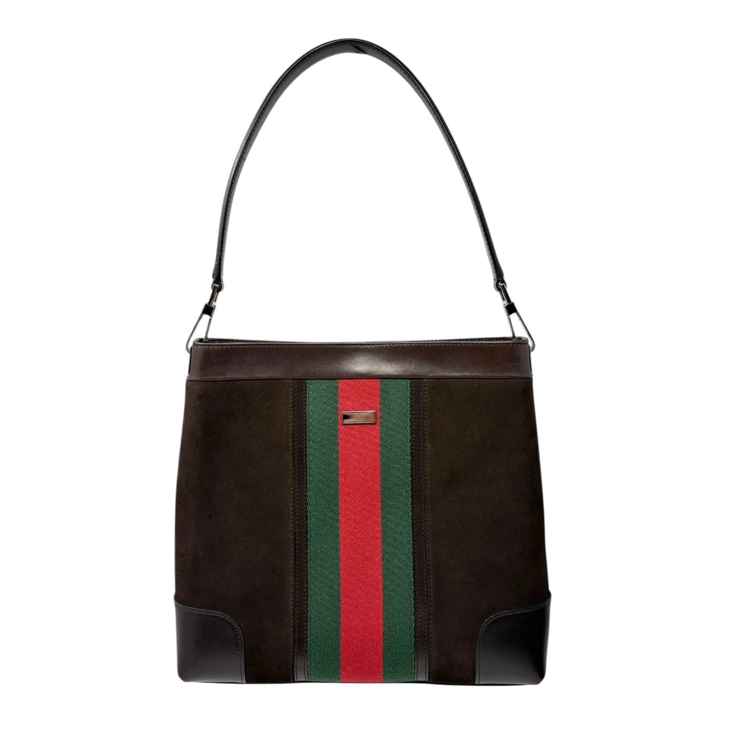 Gucci Logo Stripe Suede Shoulder Bag