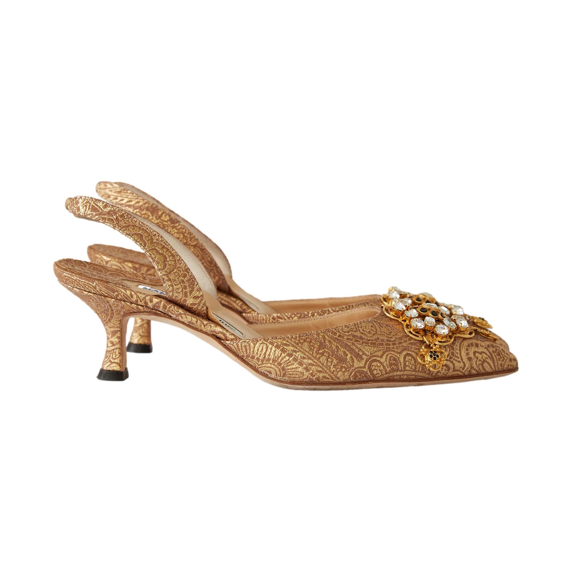 Manolo Blahnik Gold Rhinestone Kitten Heels