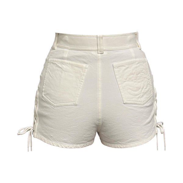 Chanel White Lace Up Logo Shorts