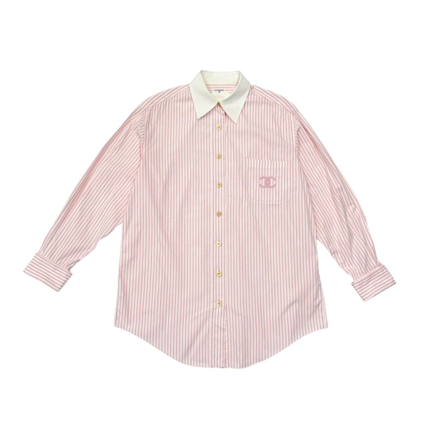 Chanel Oversized Pink + White Striped Button Down Top
