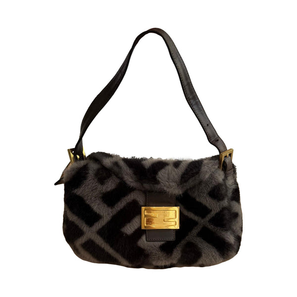 Fendi Grey Fur Logo Baguette