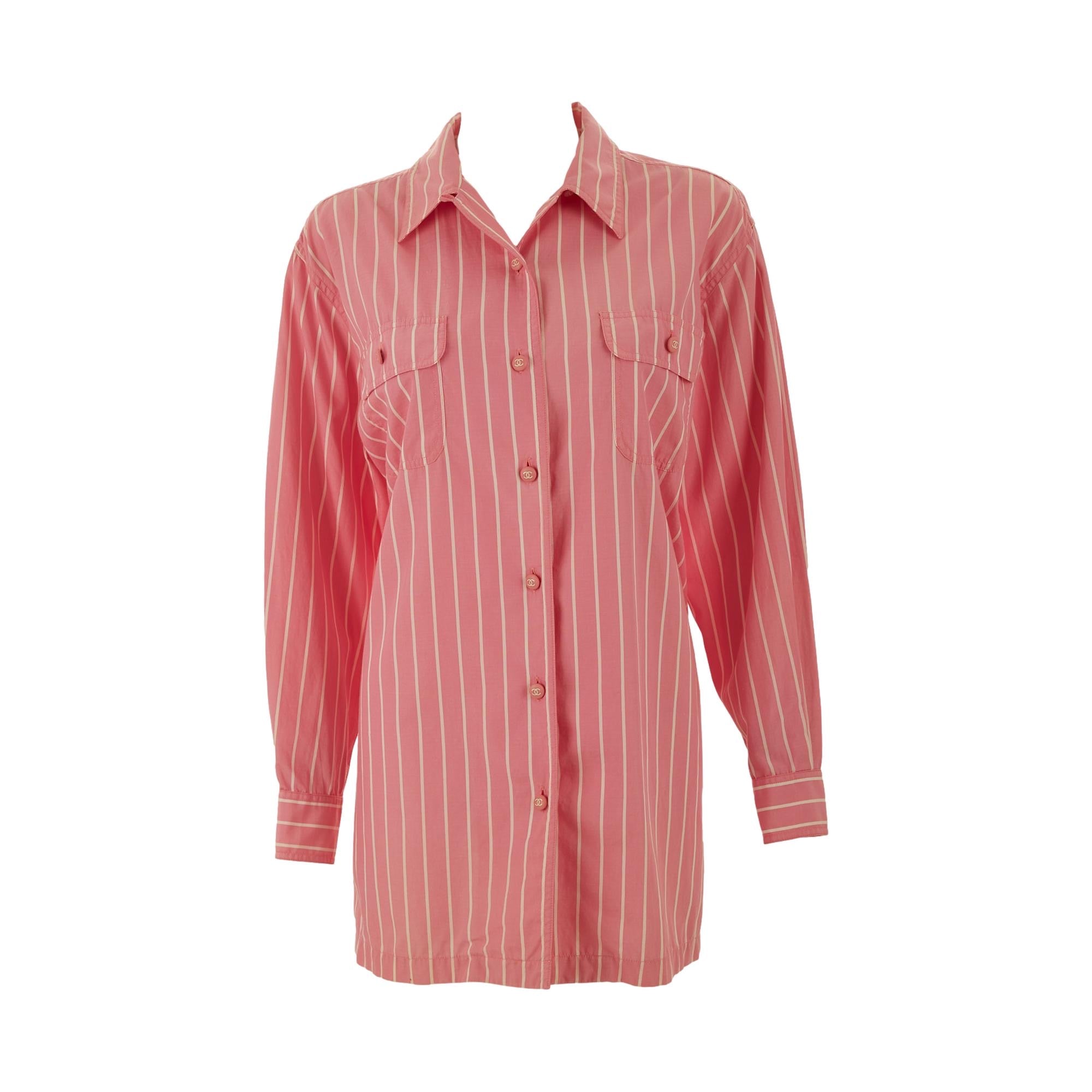 Chanel Pink Stripe Logo Button Down