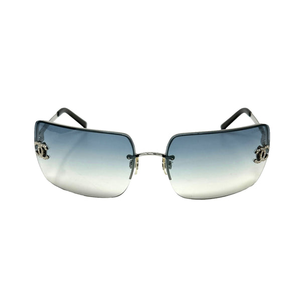 Chanel Blue Rhinestone Logo Rimless Sunglasses