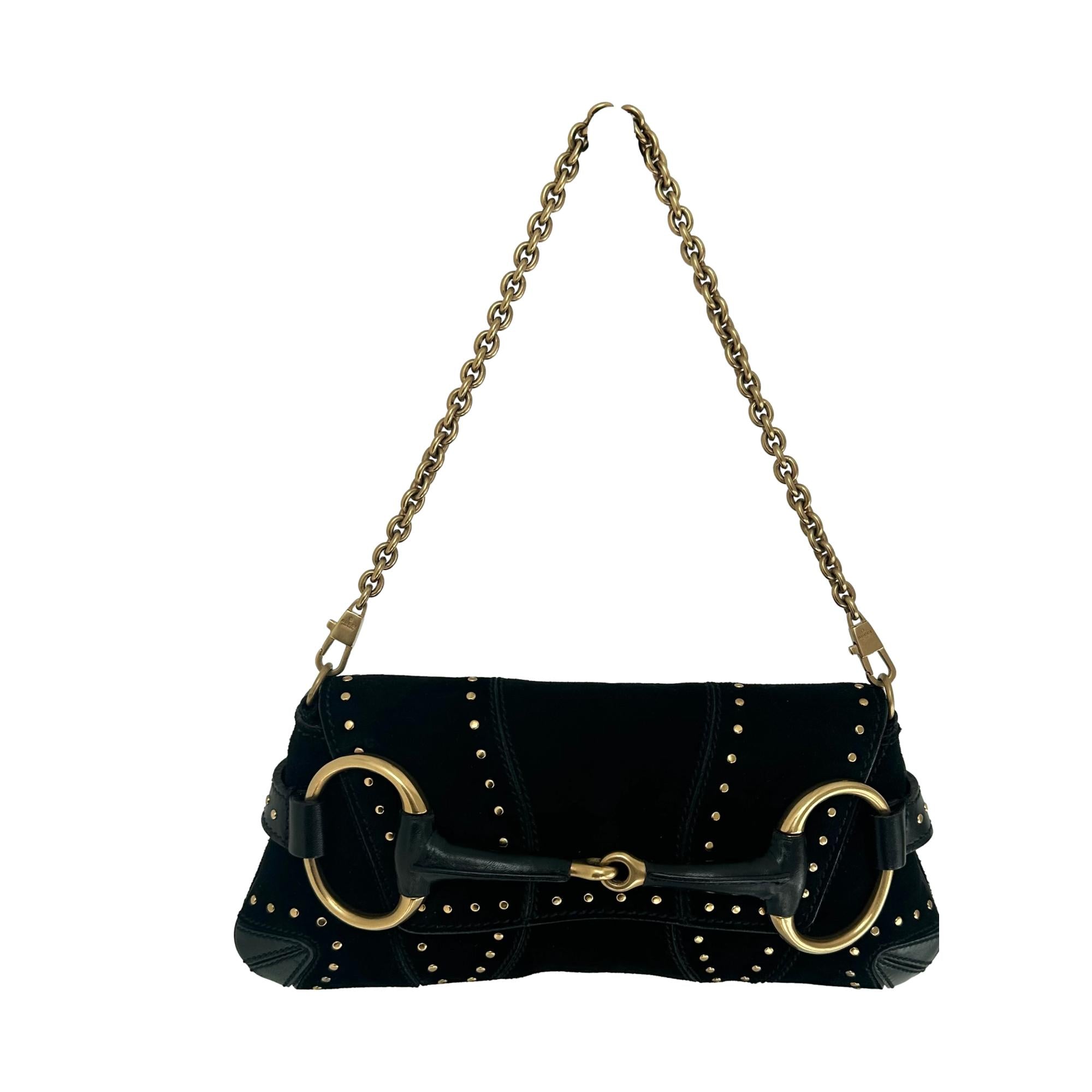 Gucci Black Suede Horsebit Chain Bag