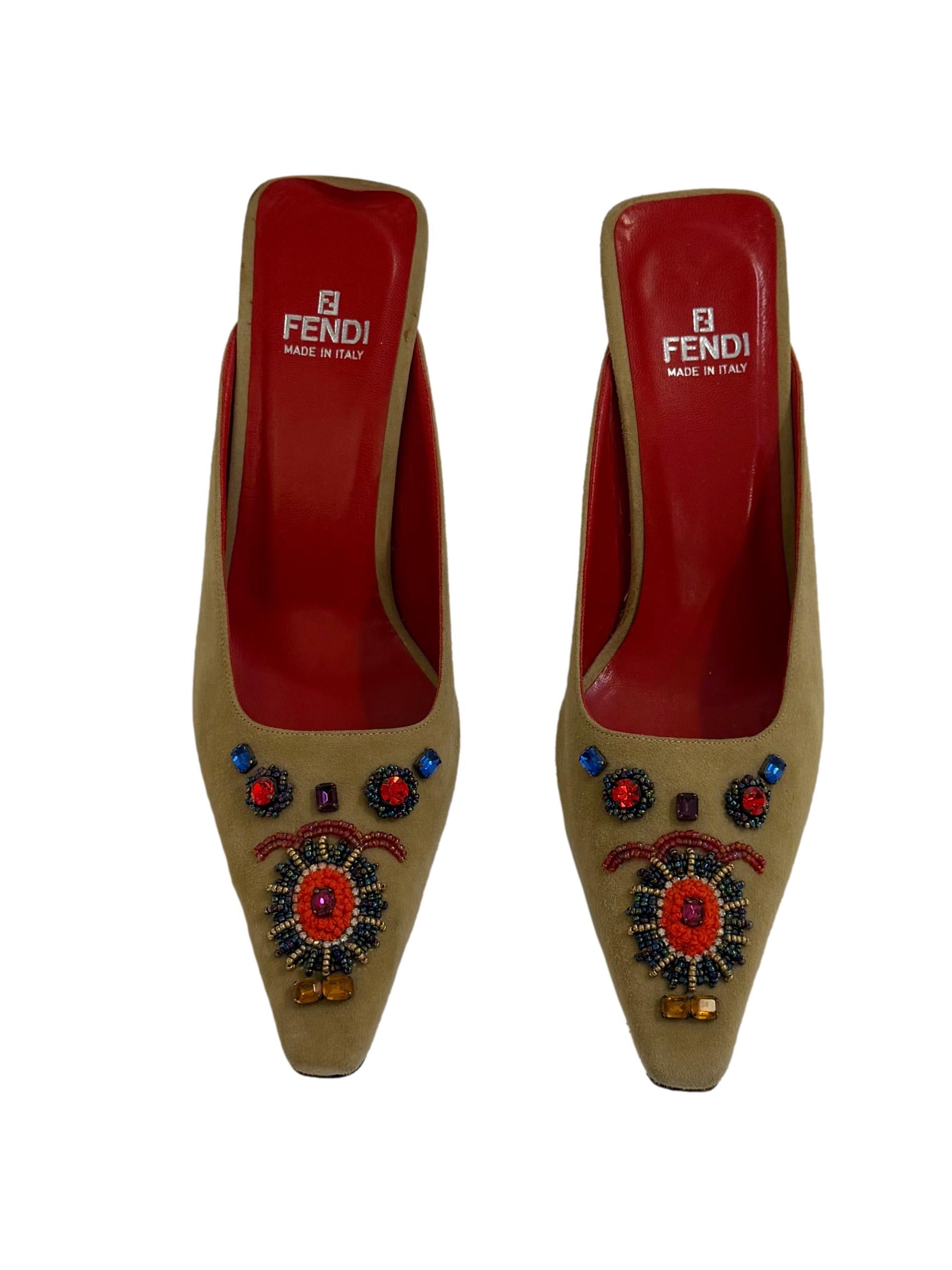 Fendi Suede Embellished Mules