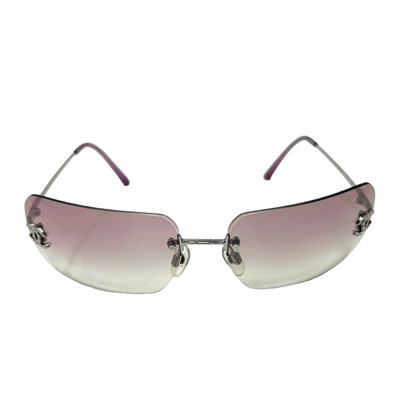 Chanel Purple Rhinestone Logo Rimless Sunglasses