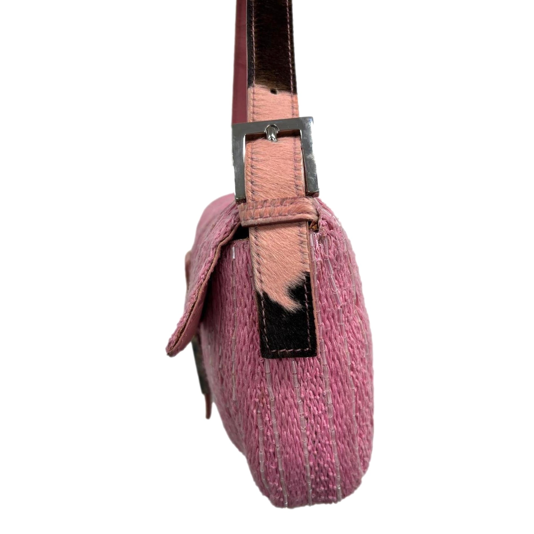 Fendi Pink Beaded Cow Print Baguette Bag