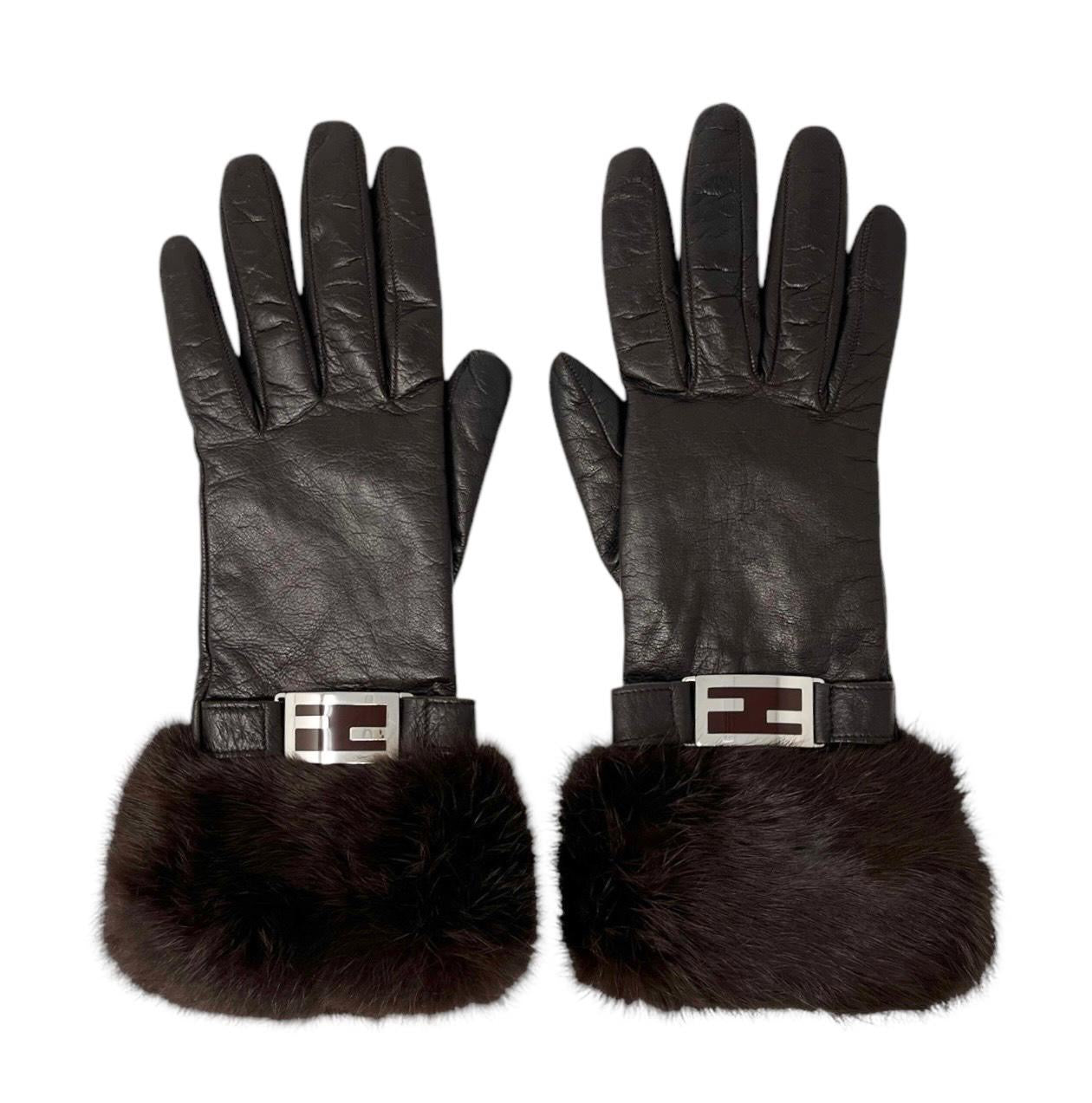 Fendi Dark Brown Fur Logo Gloves