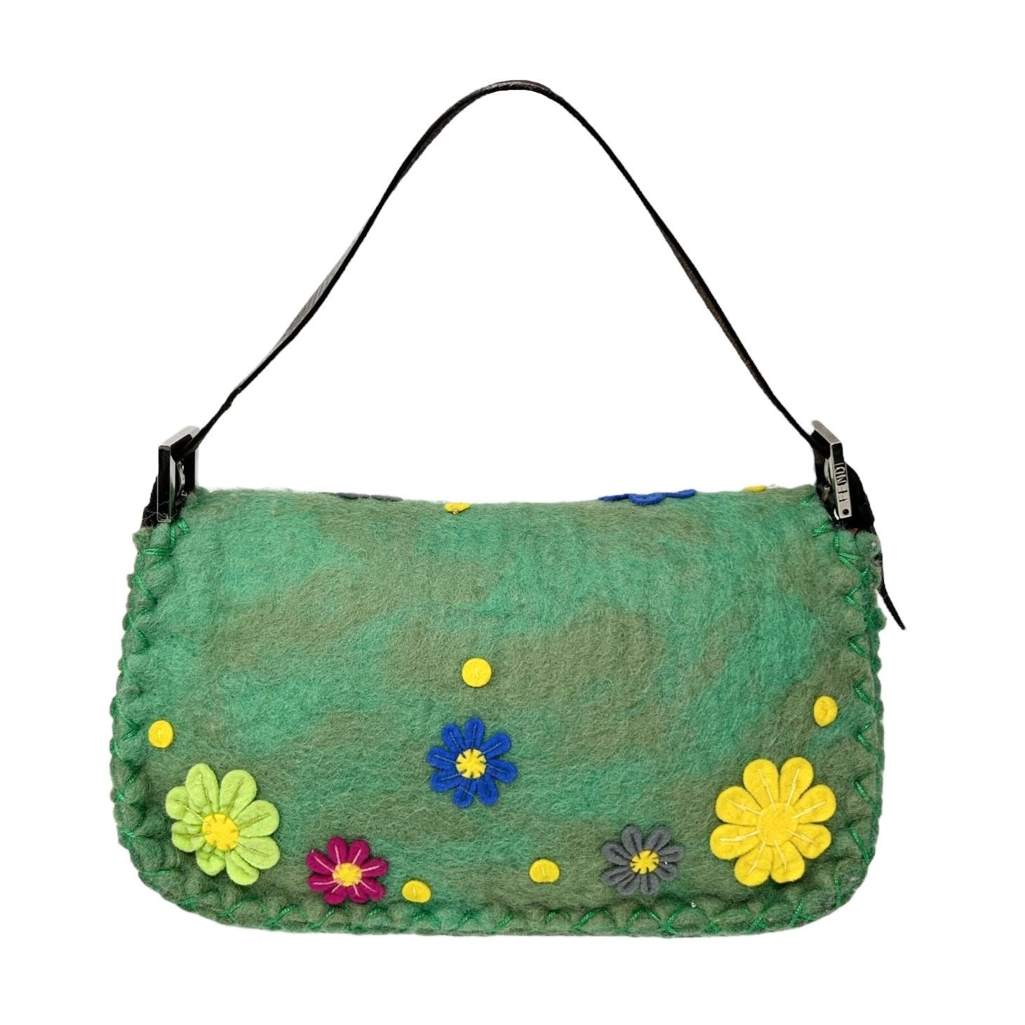 Fendi Green Felt Flower Baguette Bag