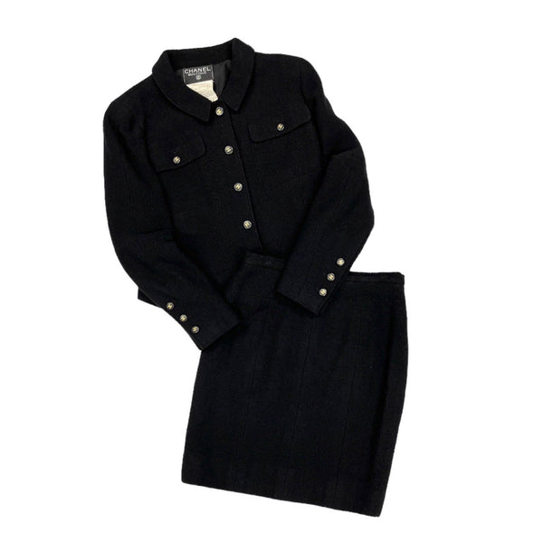 Chanel Black Logo Button Cropped Skirt Set