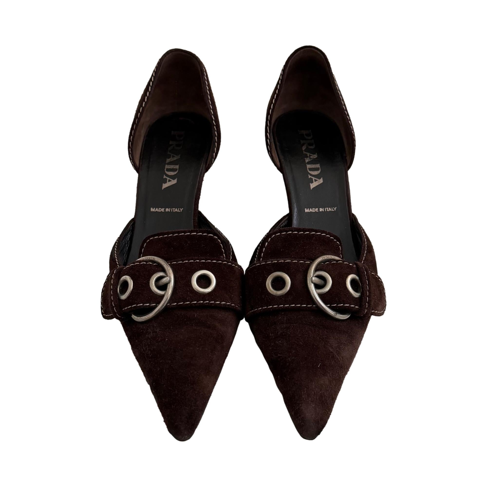 Prada Brown Suede Buckle Kitten Heels