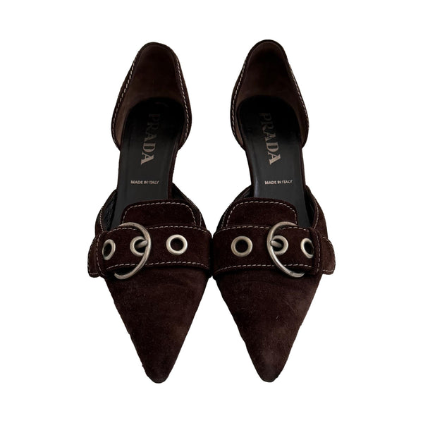Prada Brown Suede Buckle Kitten Heels