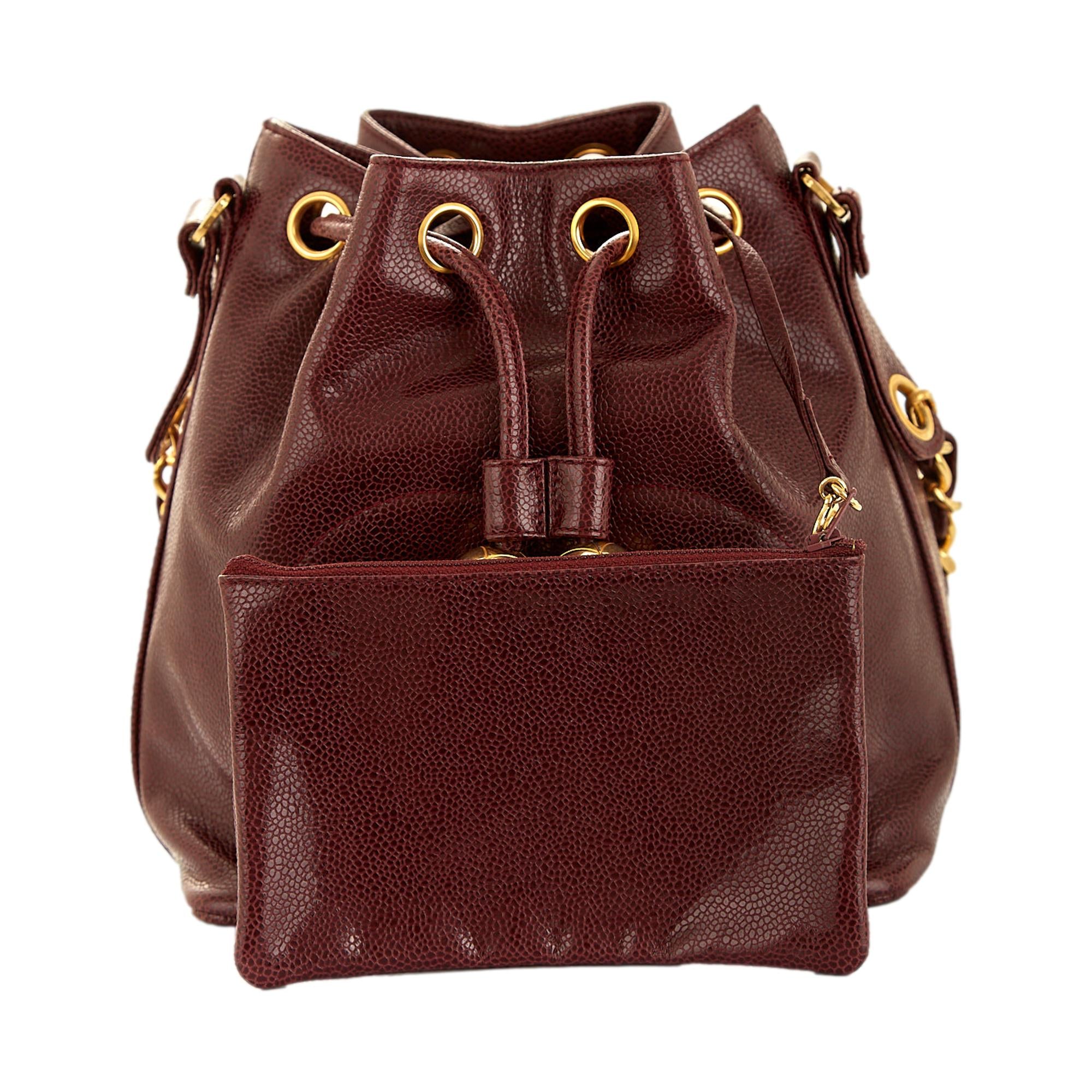 Chanel Burgundy Caviar Logo Bucket Bag