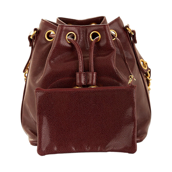 Chanel Burgundy Caviar Logo Bucket Bag