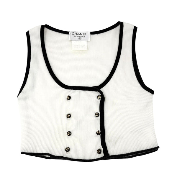 Chanel White Ribbed Logo Crop Top