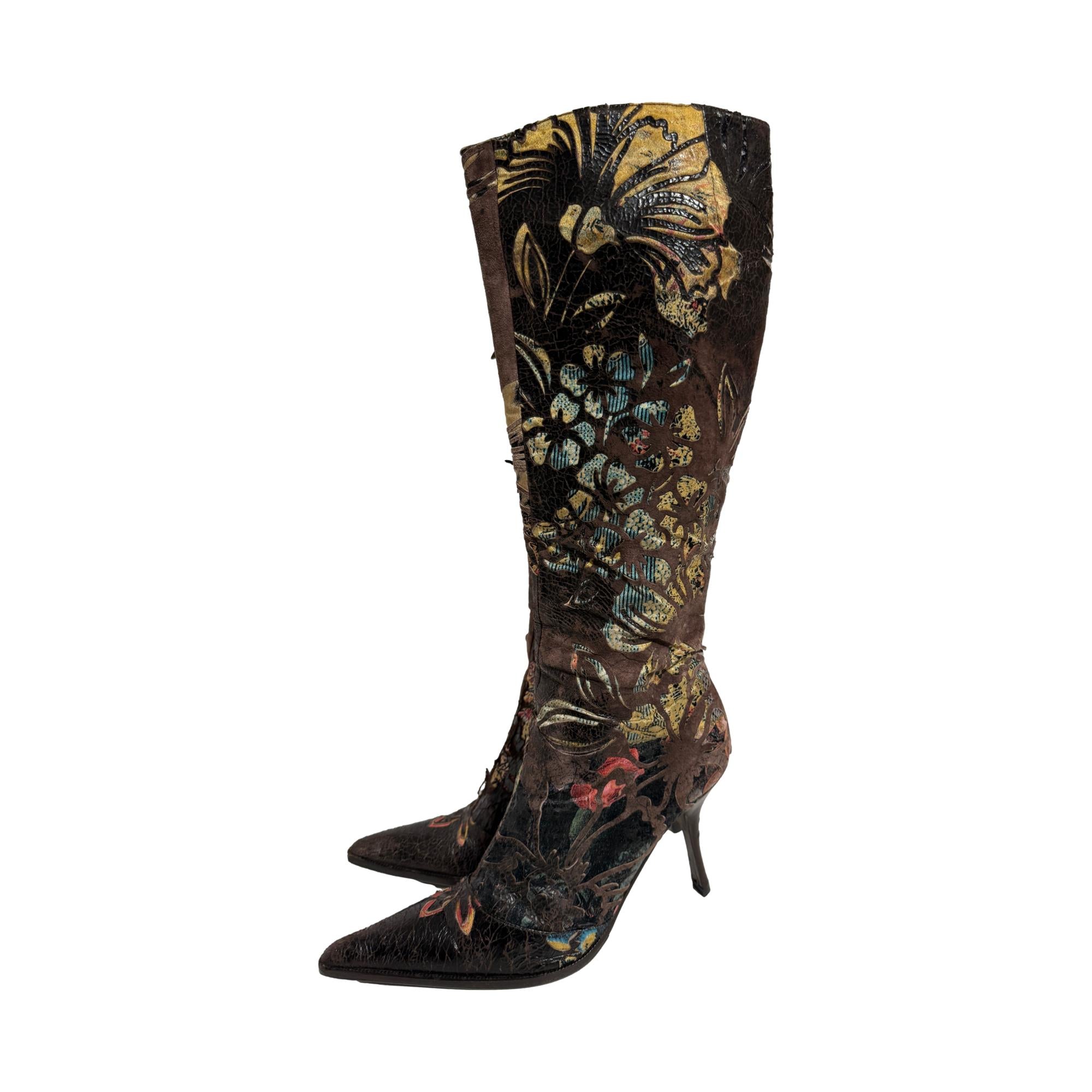 Roberto Cavalli Brown Distressed Floral Boots
