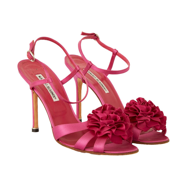 Manolo Blahnik Fuschia Satin Flower Heels