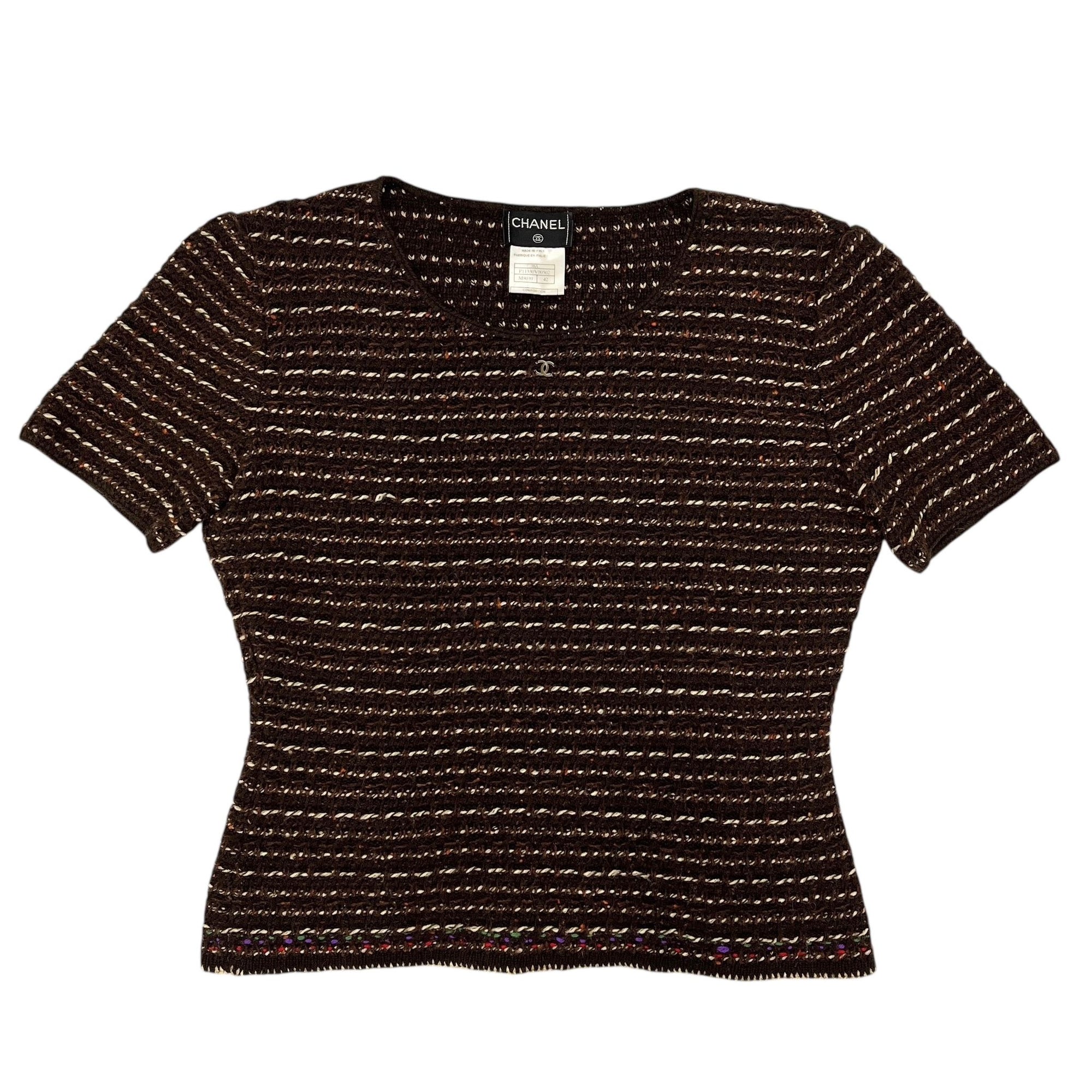Chanel Brown Tweed Short Sleeve Logo Top