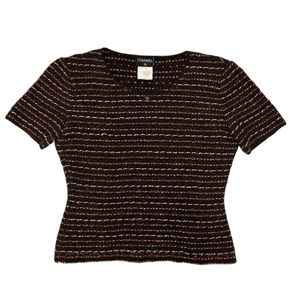 Chanel Brown Tweed Short Sleeve Logo Top