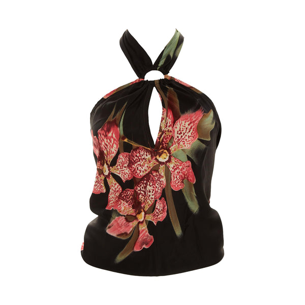 Roberto Cavalli Black + Pink Satin Floral Halter Top