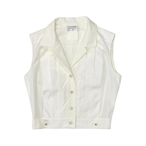 Chanel White Cropped Logo Button Down
