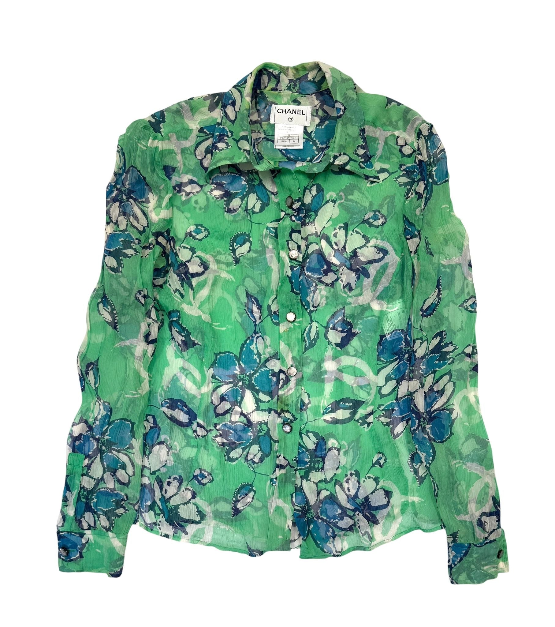 Chanel Green Floral Logo Button Down