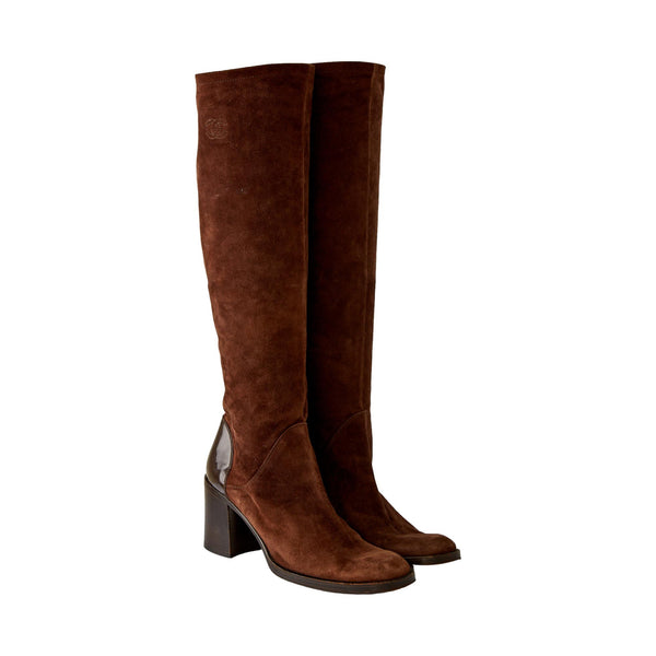 Chanel Brown Suede Knee High Logo Boots