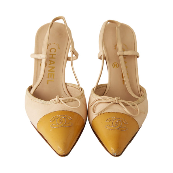 Chanel Yellow Logo Slingback Heels