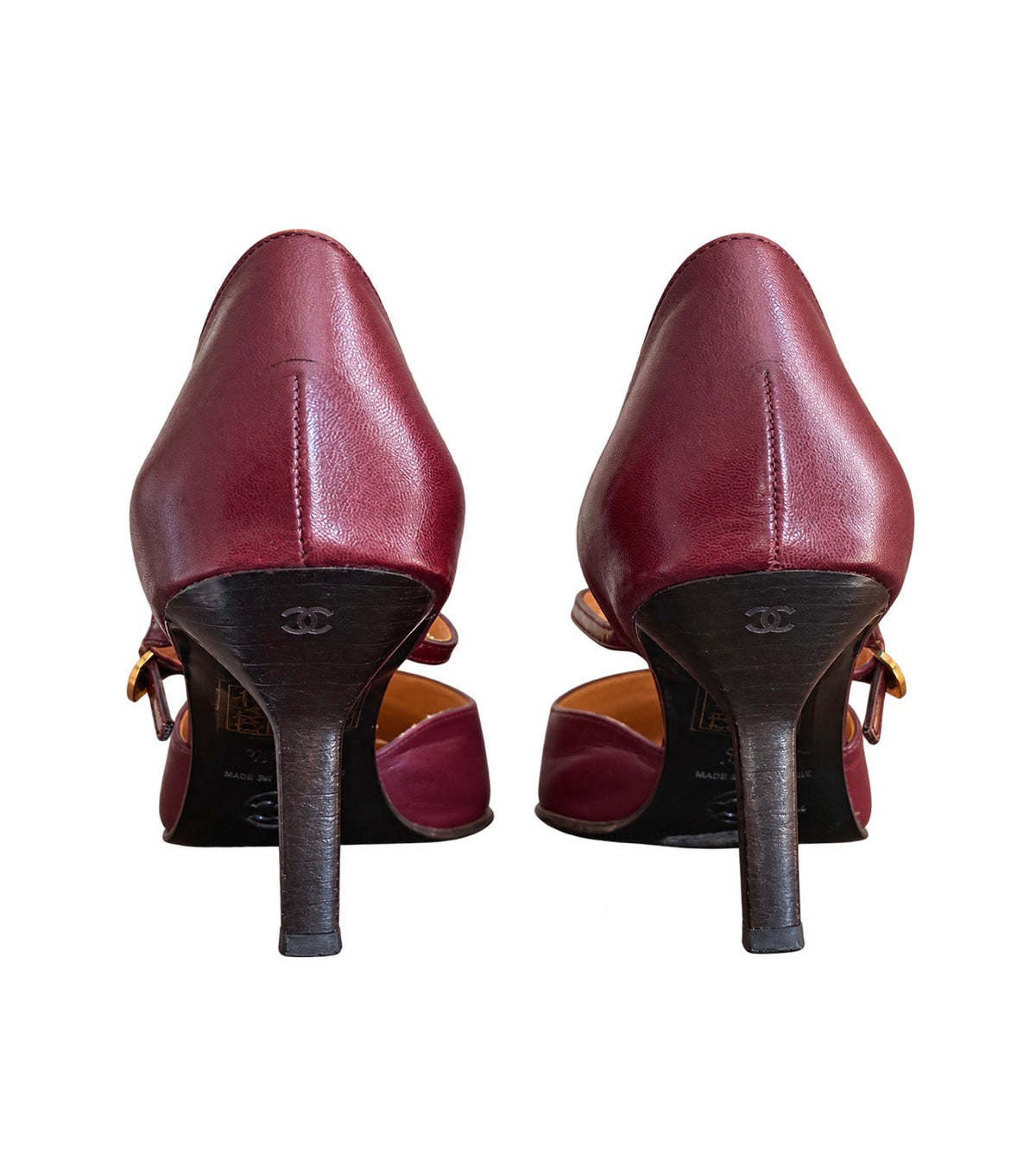 Chanel Burgundy Logo T-Strap Heels