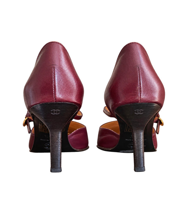 Chanel Burgundy Logo T-Strap Heels