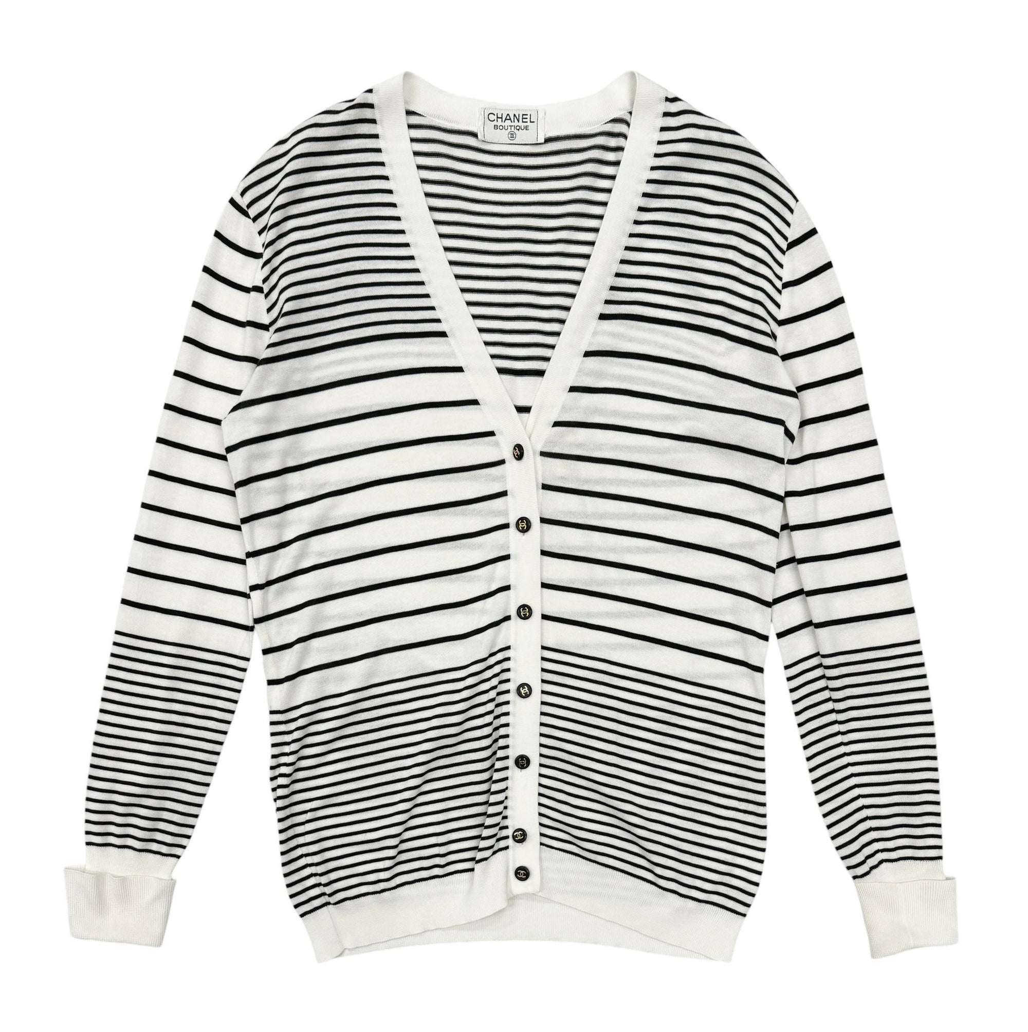 Chanel Striped Logo Button Cardigan