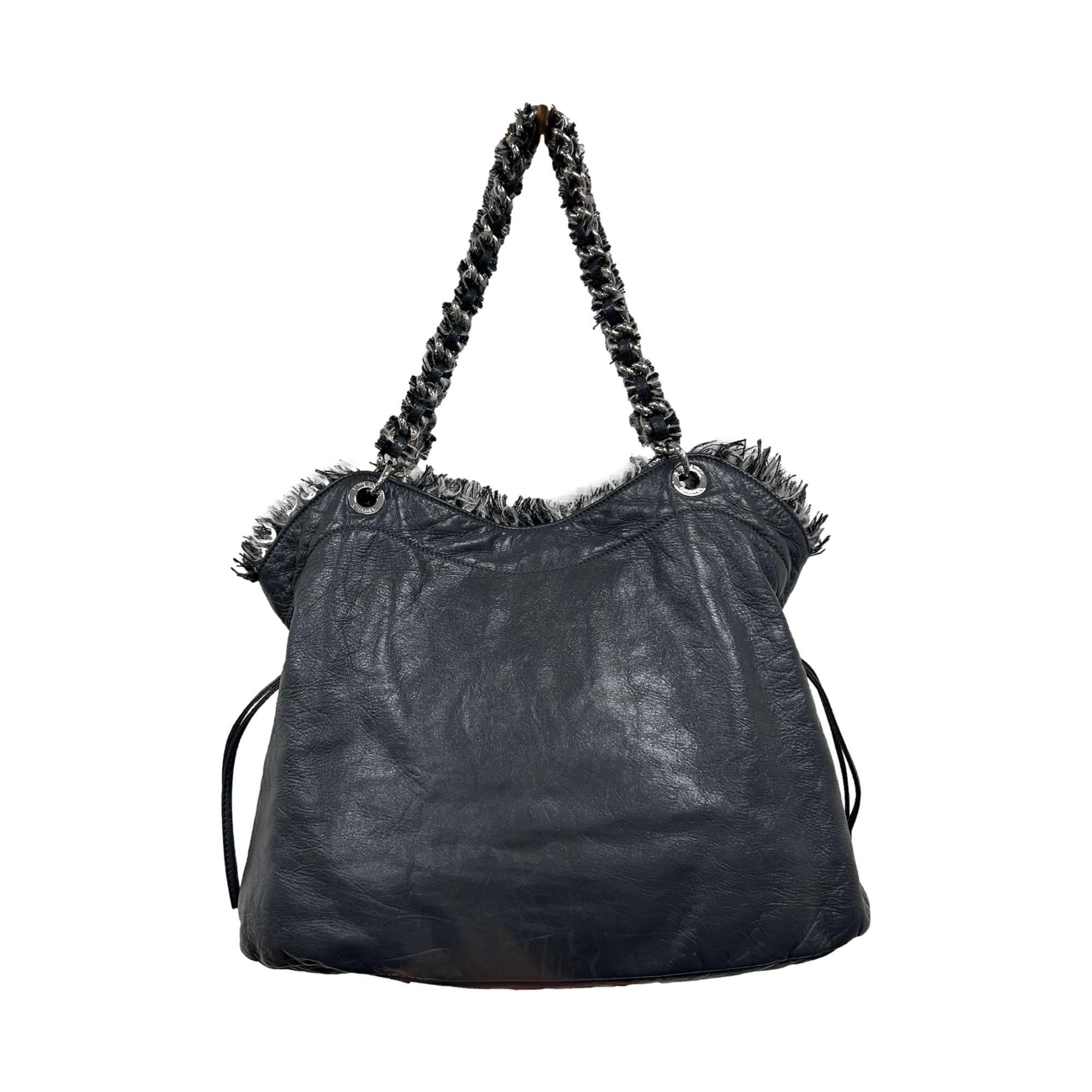 Chanel Black Leather Tweed Shoulder Bag