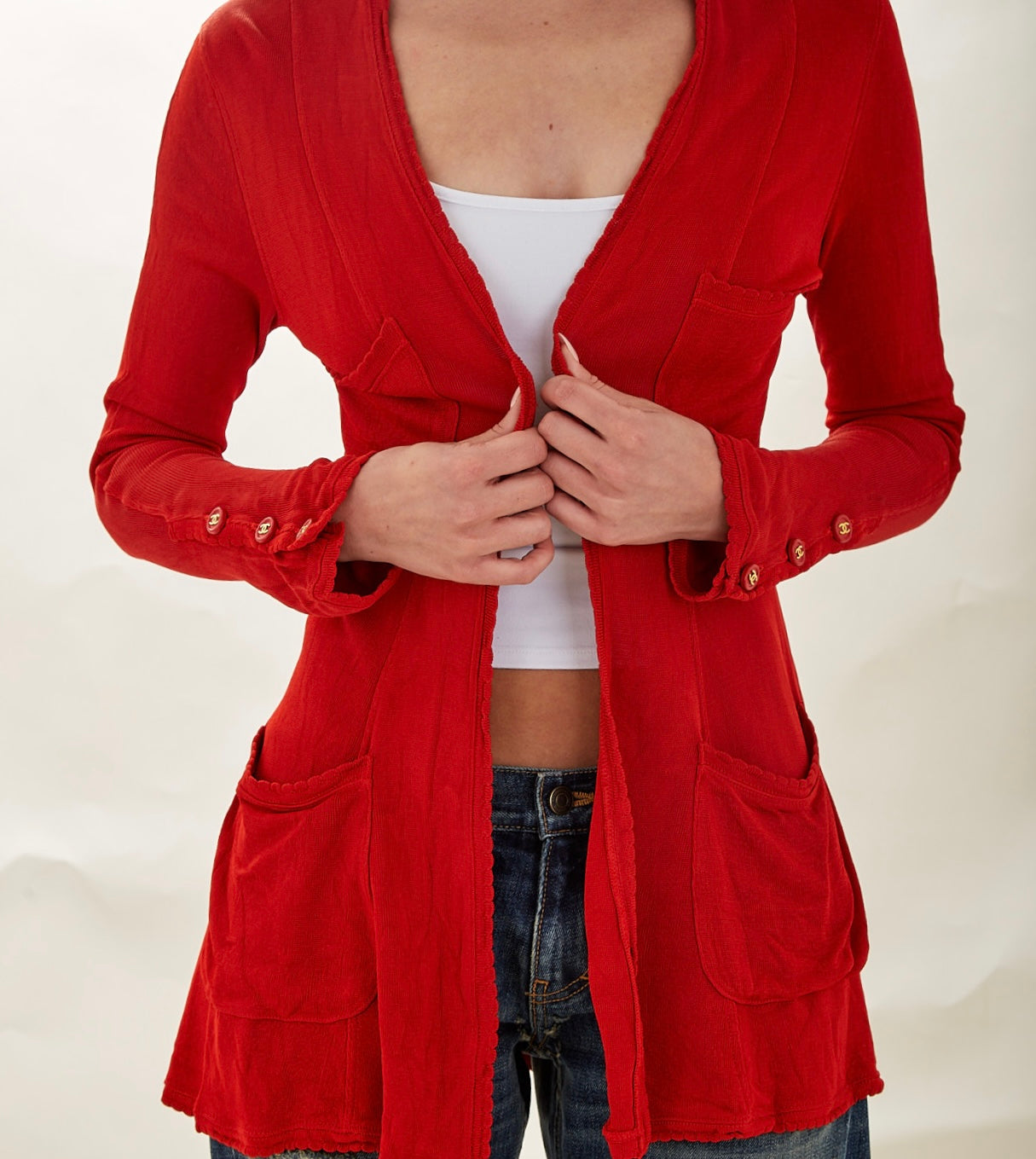 Chanel Red Logo Open Front Cardigan