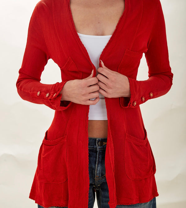 Chanel Red Logo Open Front Cardigan