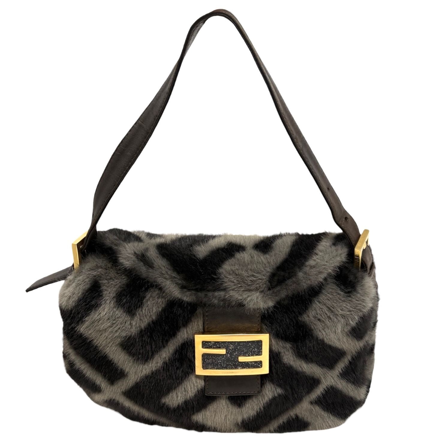 Fendi Grey Fur Logo Baguette