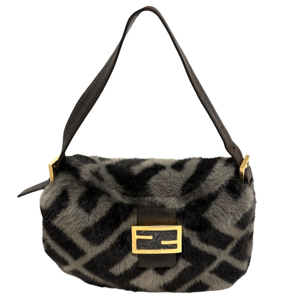 Fendi Grey Fur Logo Baguette