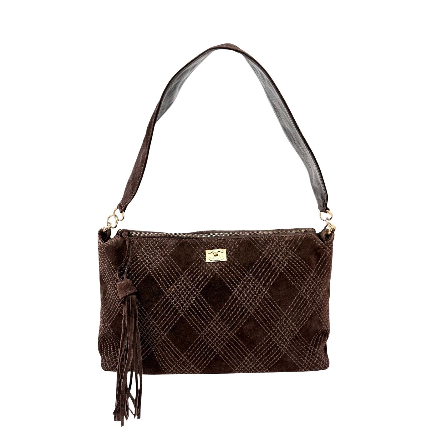 Chanel Brown Suede Quilted Shoulder Bag
