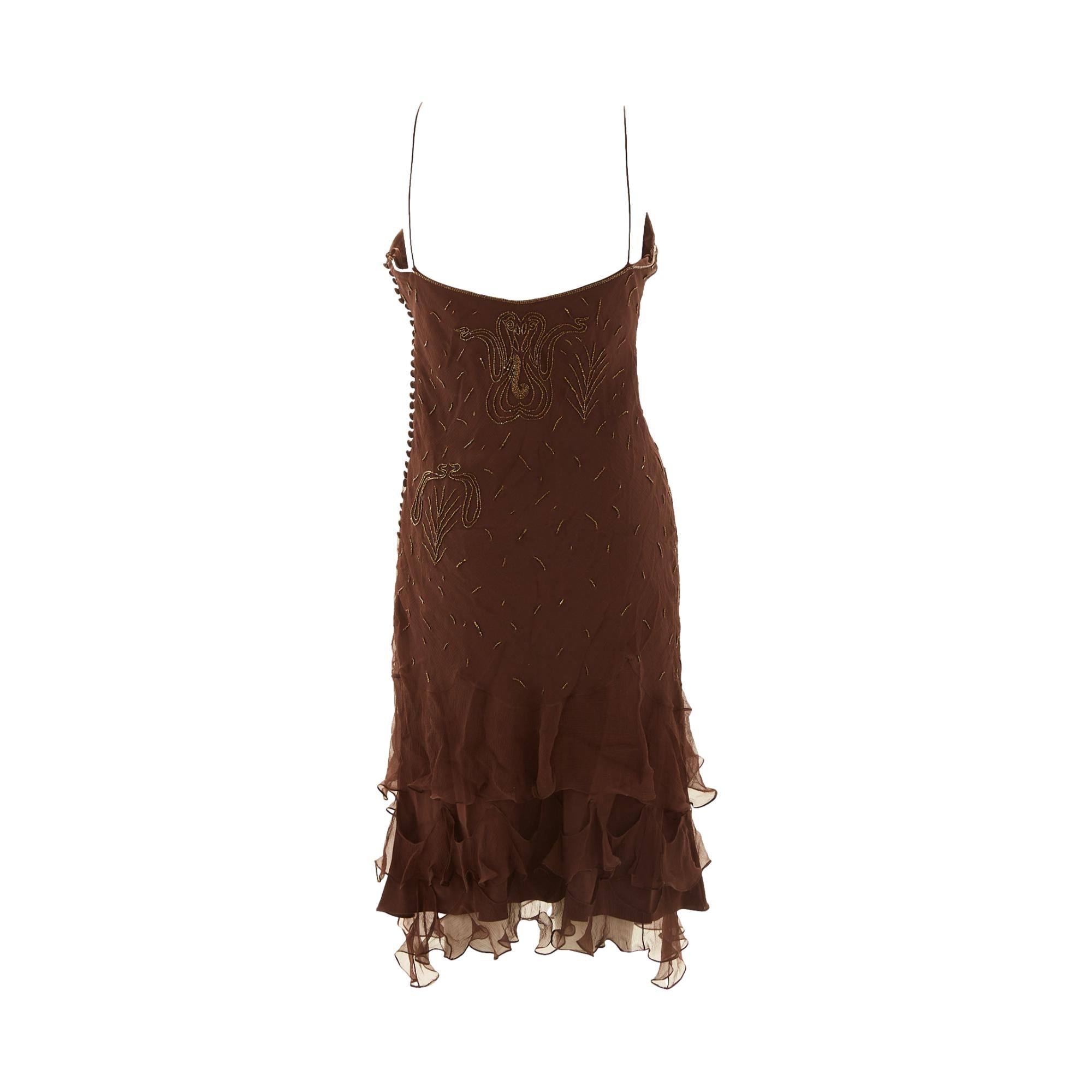 dior ruffle detail silk dress Vintage 2006 Christian Dior by John Galliano Smoky Silk Tiered Ruffle Bias-Cut Gown