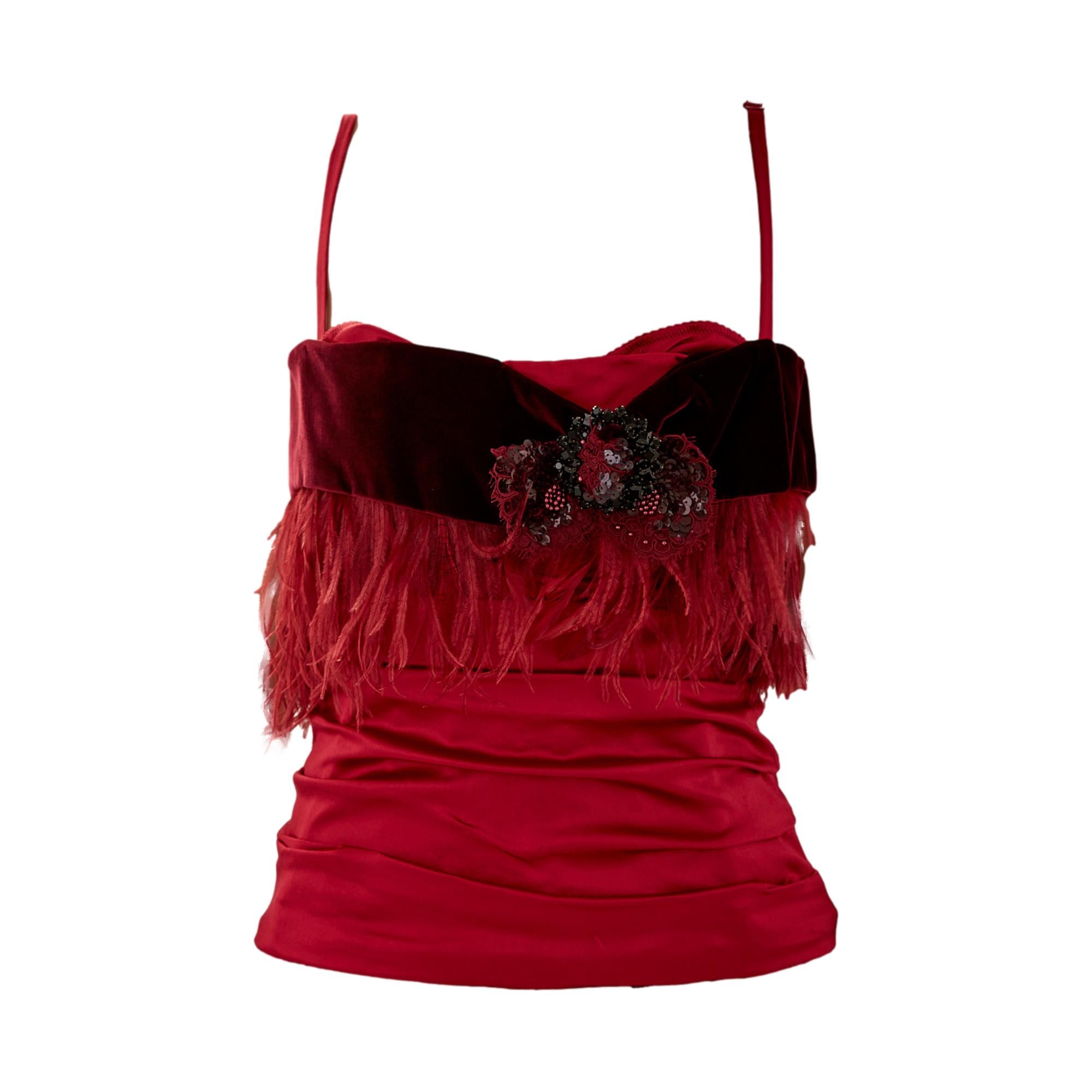 Dolce & Gabbana Red Silk Sequin Corset Flower Top
