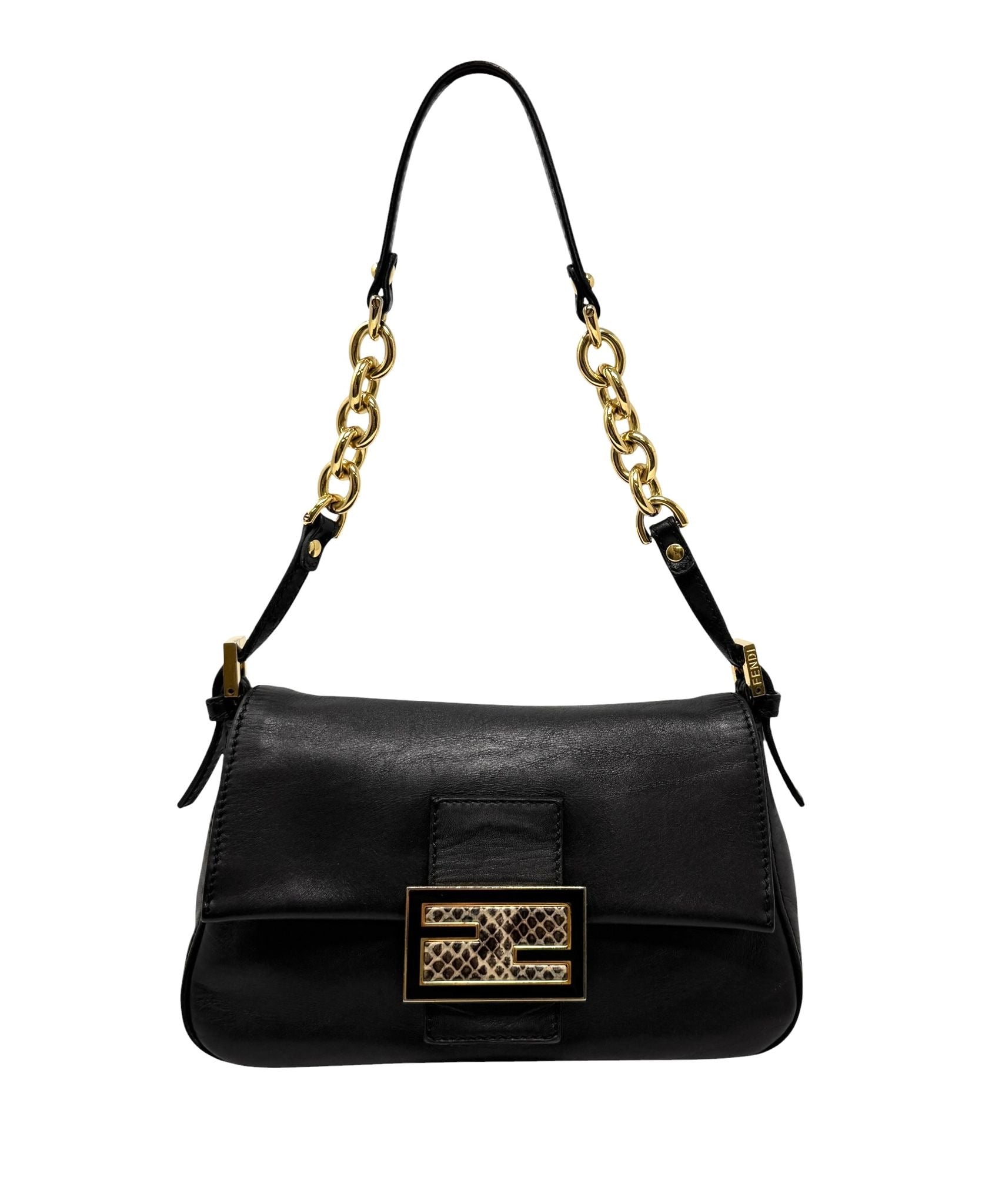 Fendi Black Snake Clasp Baguette Bag