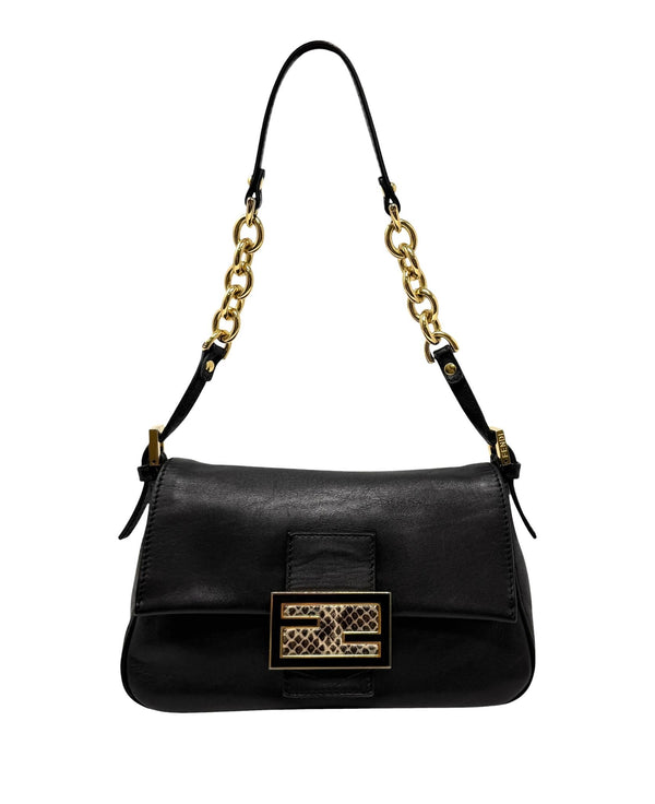Fendi Black Snake Clasp Baguette Bag