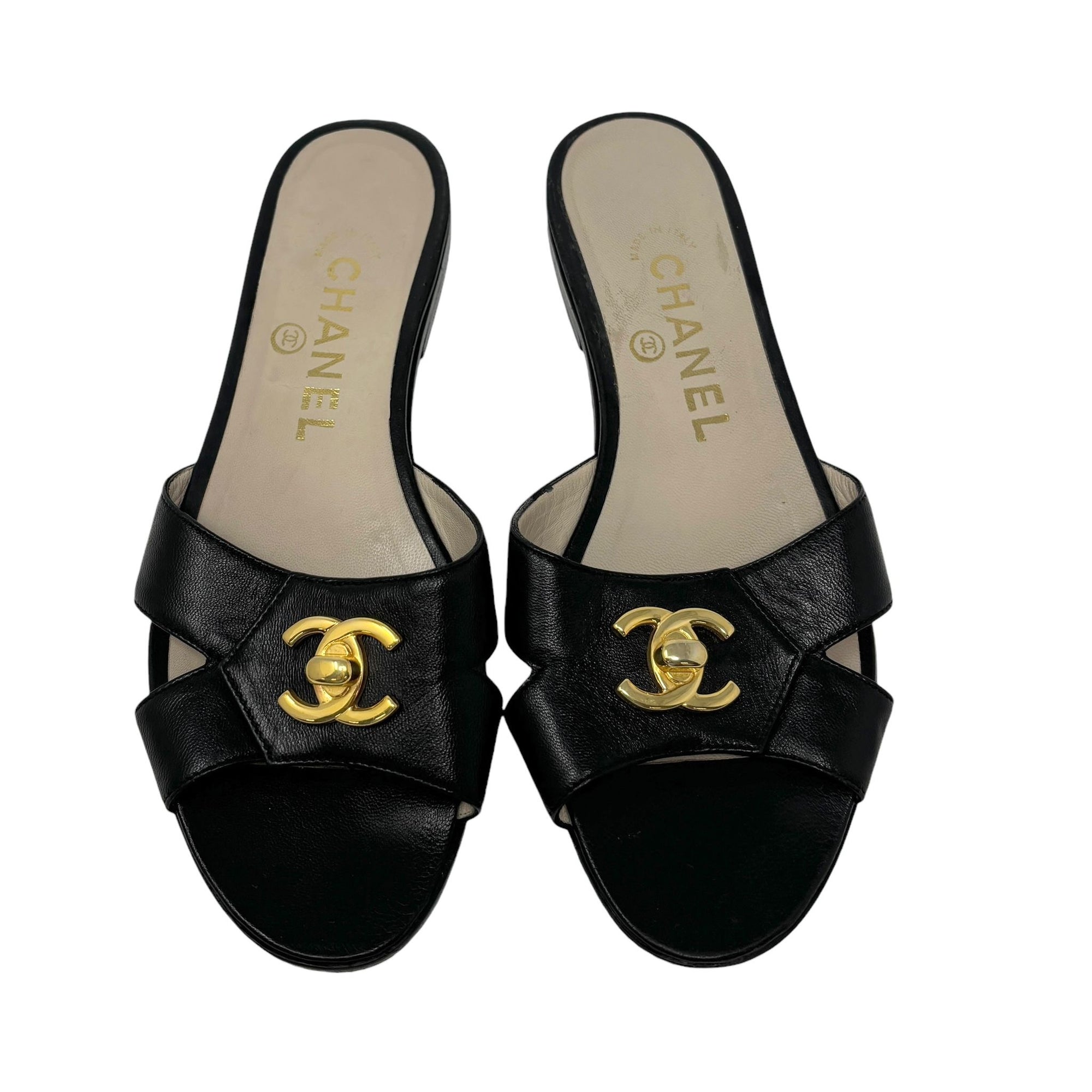 Chanel Black Leather Turnlock Logo Sandals