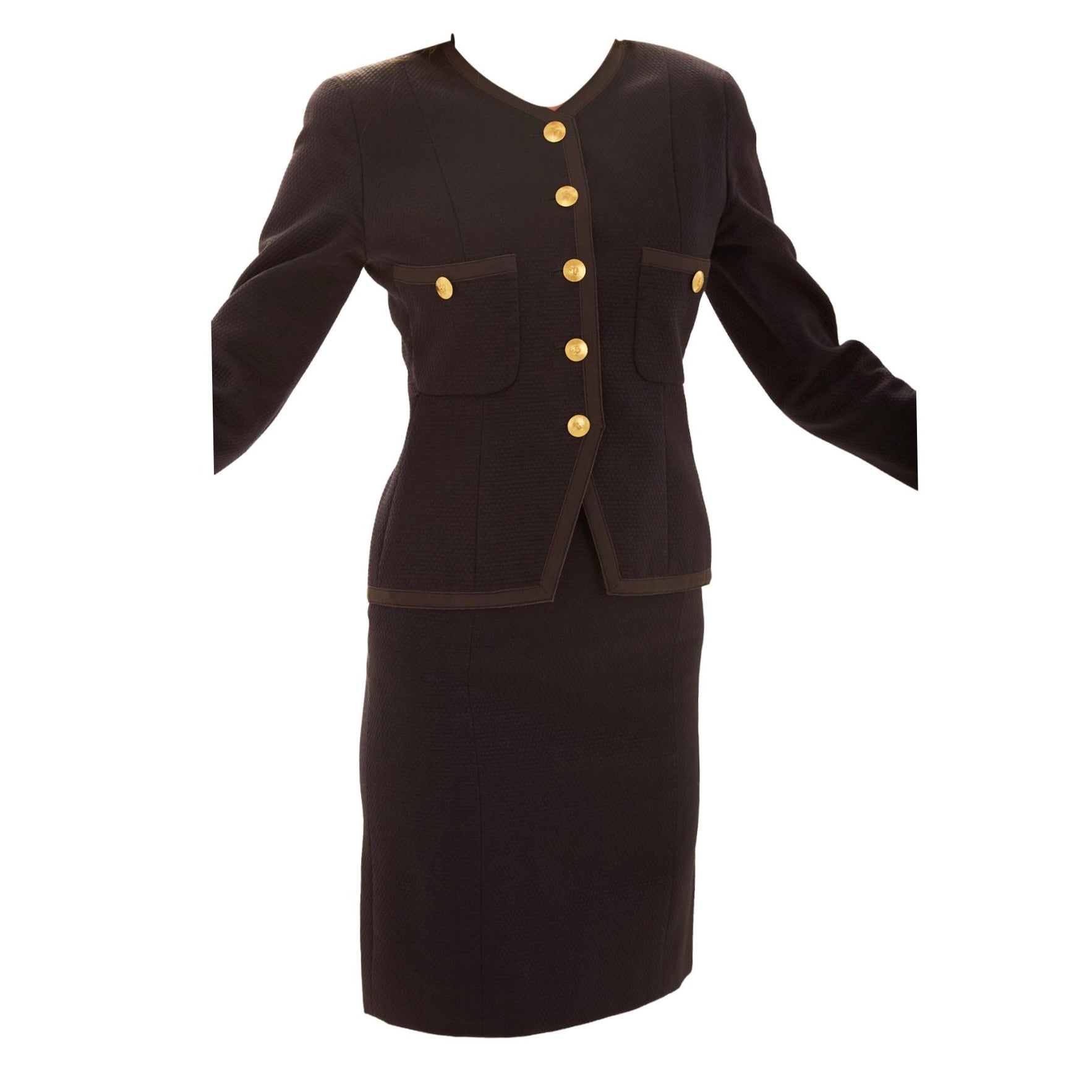 Chanel Navy Gold Logo Button Skirt Set