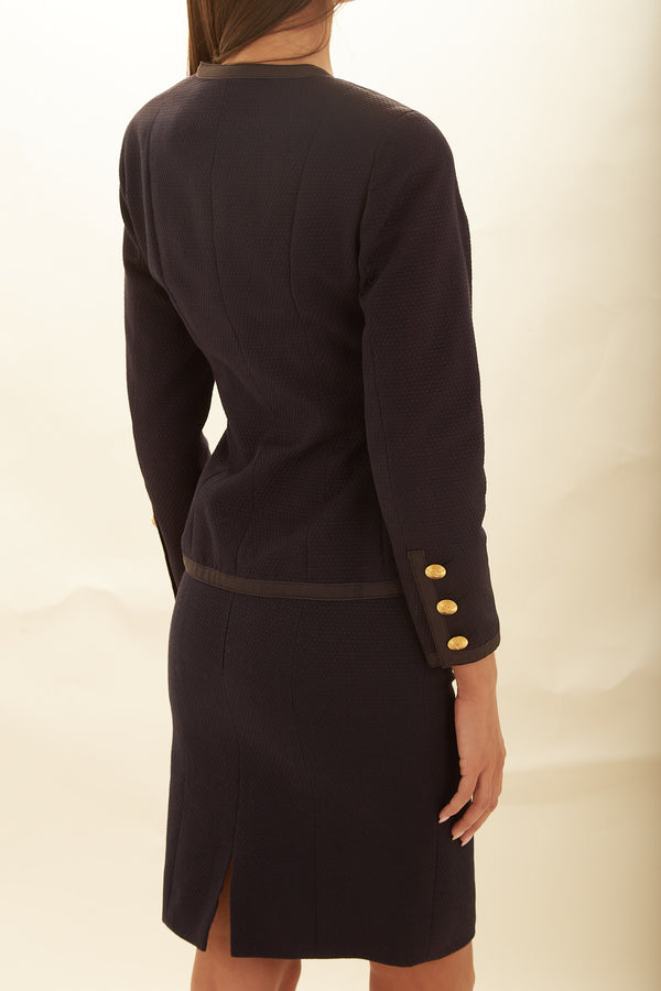 Chanel Navy Gold Logo Button Skirt Set