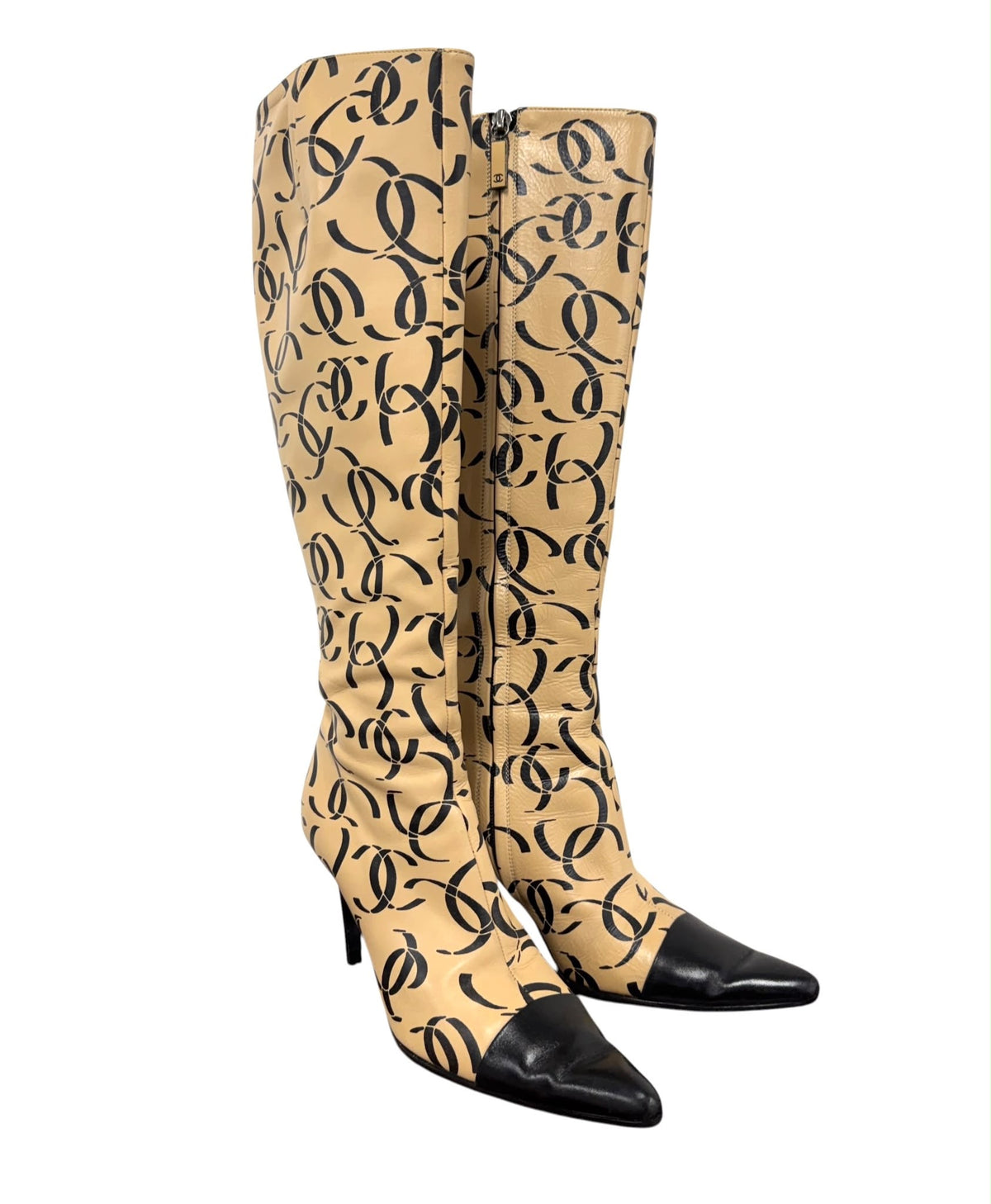 Chanel Tan Logo Knee-High Boots
