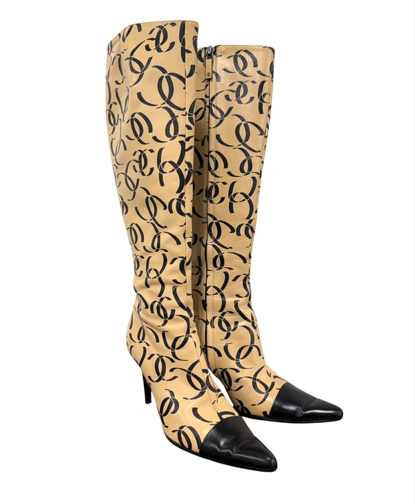 Chanel Tan Logo Knee-High Boots
