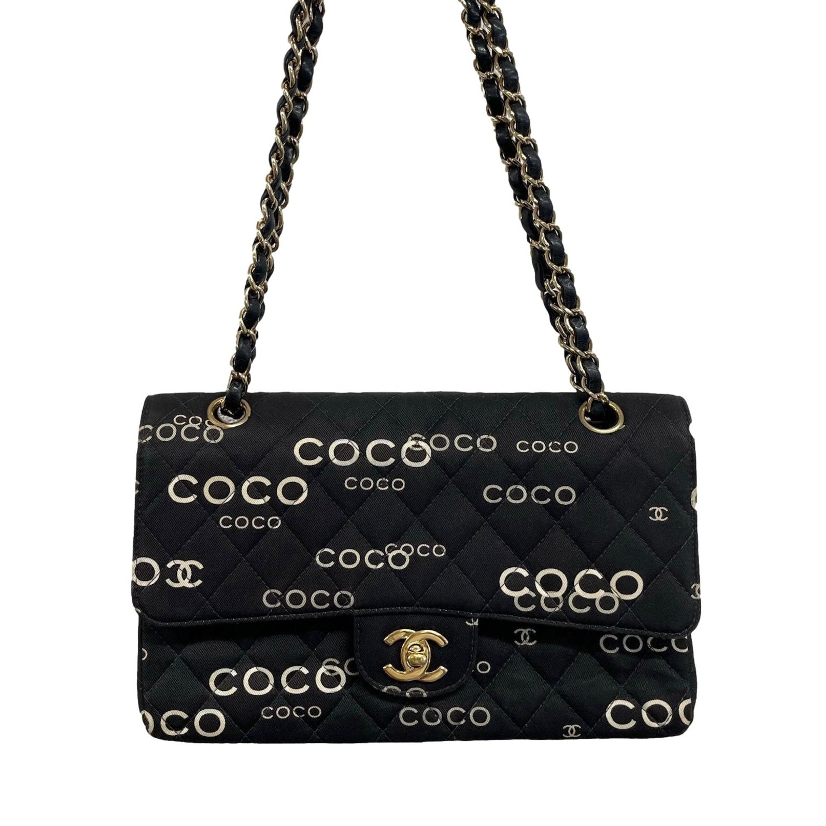 Chanel Black Coco Print Canvas Double Flap Bag