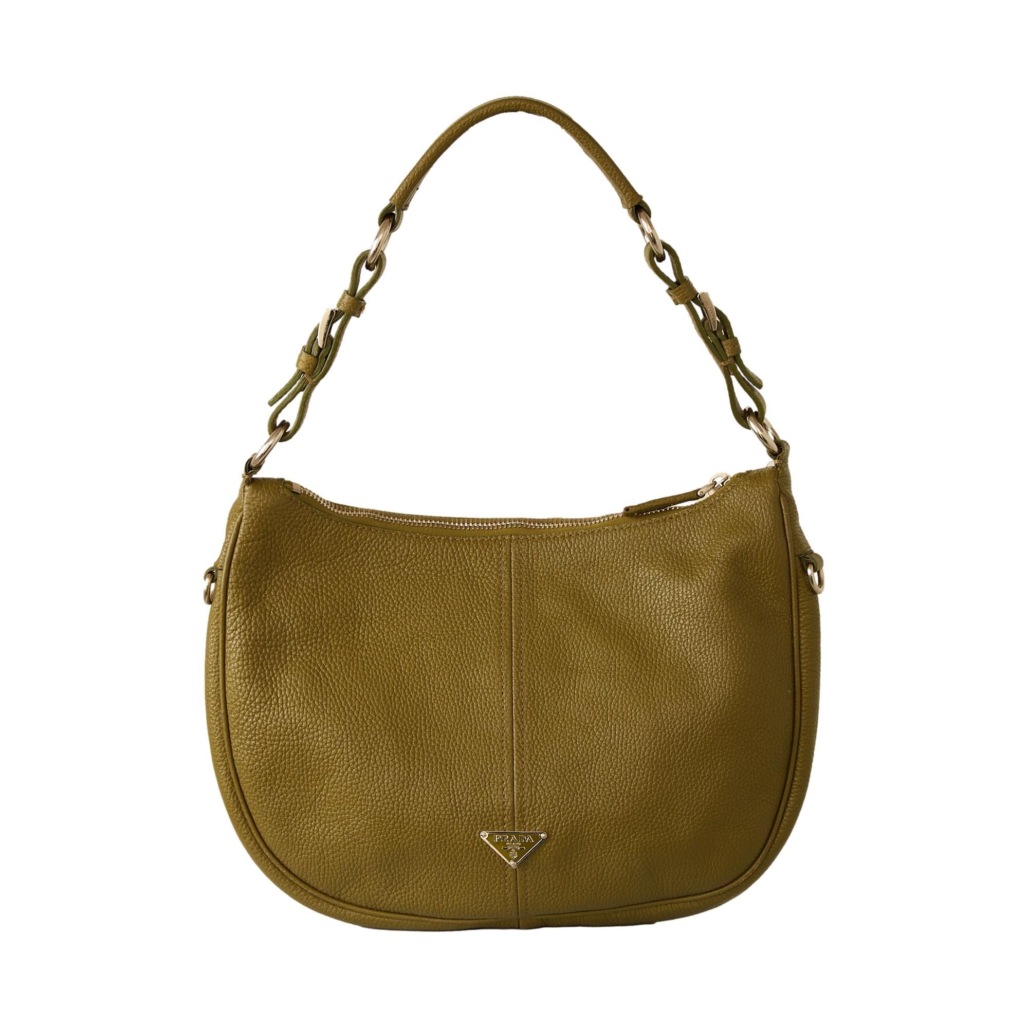 Prada Olive Leather Logo Shoulder Bag